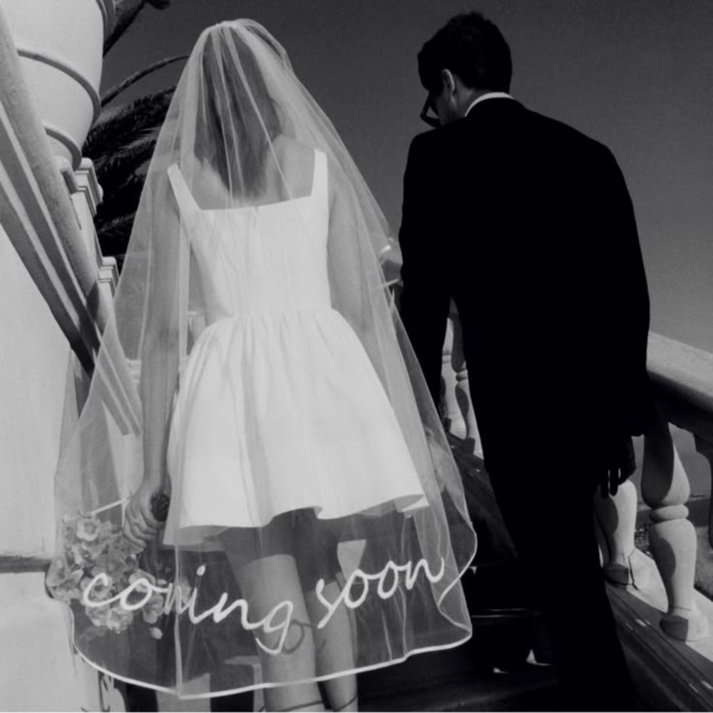 Staud White Bridal Veil with 'Coming Soon' Text